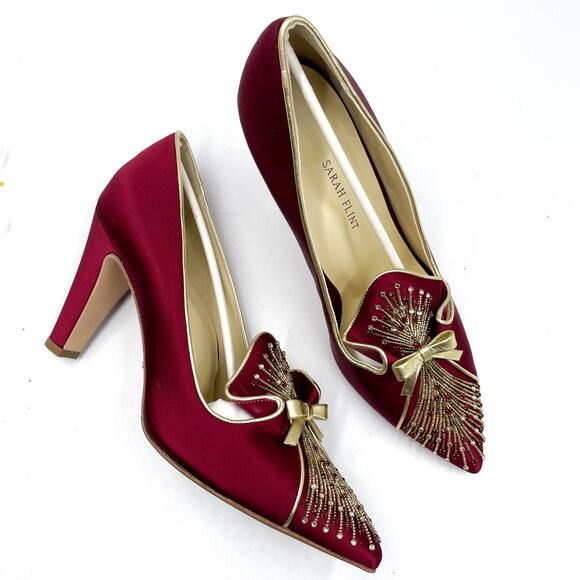 Sarah Flint Perfect Madeleine 85 Pumps Red Pointed Gold Bow Beaded Sz 41 / 10 US - Picture 2 of 11